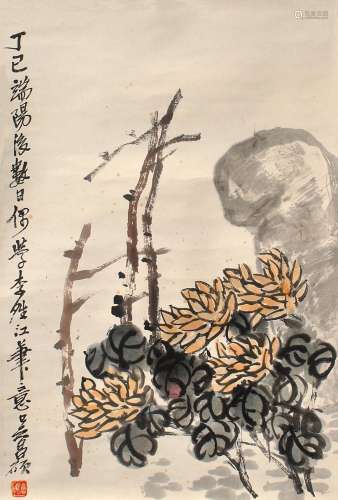 1844-1927 吴昌硕菊石图设色纸本立轴