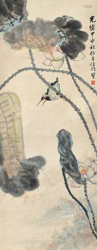 1840-1896 任伯年荷花翠鸟设色纸本立轴