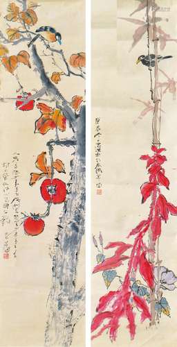 1913-2004 杨善深花鸟设色纸本对屏