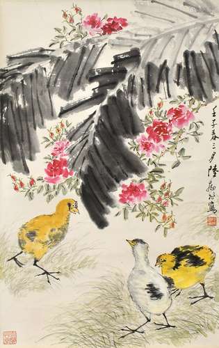 1908-1997 陆抑非花鸟设色纸本立轴