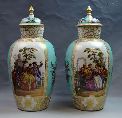 Pair of Large Dresden Hand Painted Vases