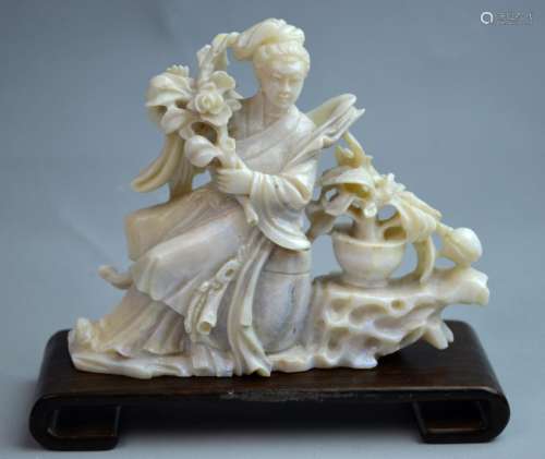 Chinese Jade Carved Lady with Flowers