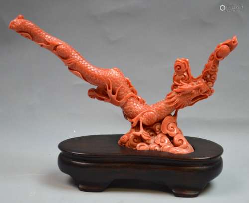 Chinese Coral Carved Dragon Chasing A Ball