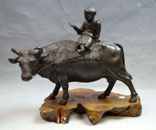 Japanese Bronze Figure of Boy on Bull on Wood Base