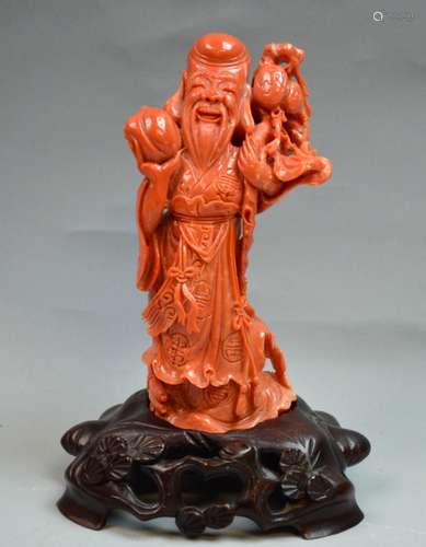 Chinese Coral Carved Longevity Man Holding a Peach