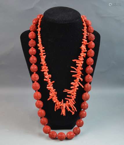 Two Coral and Lacquer Carved Necklaces