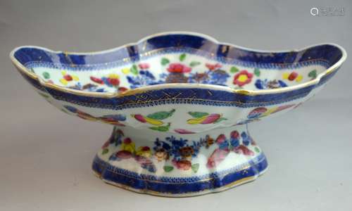 Oval Chinese Blue and White Gold Gilt Stem Bowl