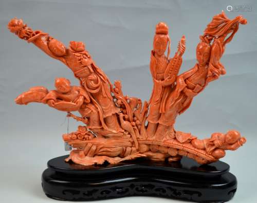 Chinese Coral Carved Group Figure on Wood Base