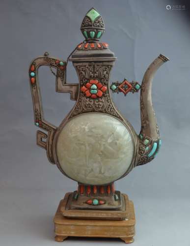 Silver & Jade with Turquoise and Coral Inlaid Ewer