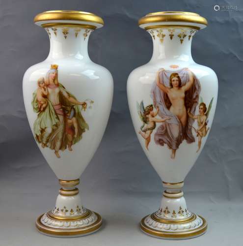 Pr. Baccarat Opaline Hand Painted Glass Vases