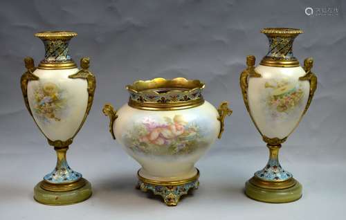 3 Pieces Champleve & Porcelain Sevres Set