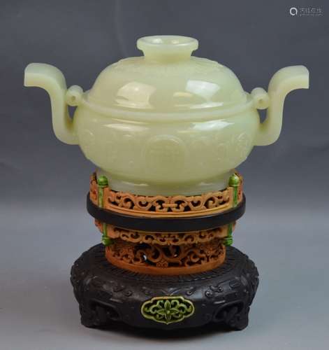 Chinese Carved Jade Censer on Wood Stand