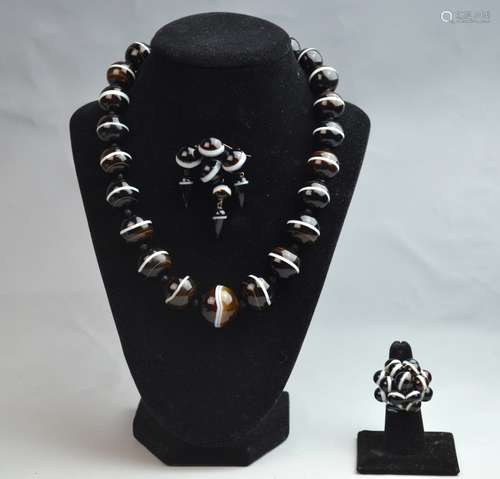 Victoria Banded Agate Necklace and Brooch and Ring