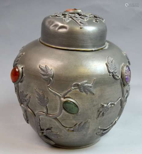 Chinese Tin Jar with Inlaid Stone with Cover