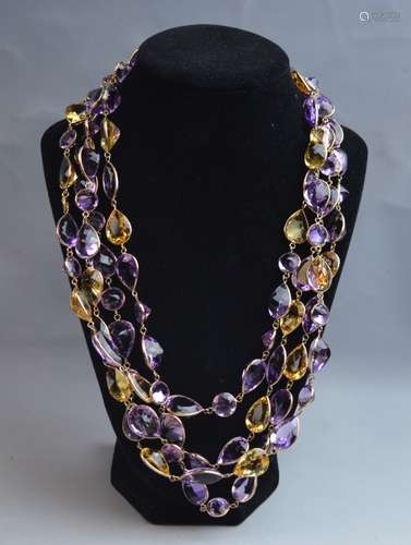 Citrine & Amethyst 14k Gold Long Chain Necklace