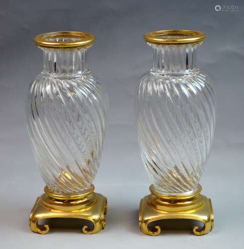 Pr. of French Bronze & Crystal Vase Baccarat