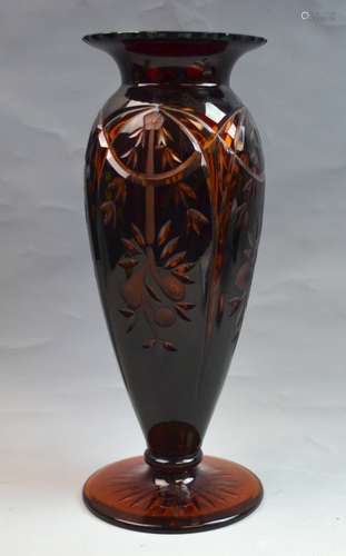 Hand Cut Overlay Red Over Amber Vase