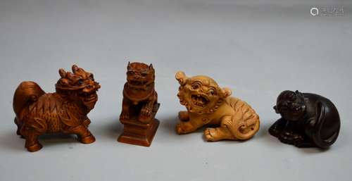 4 Wood Carved Asian Foo Dogs