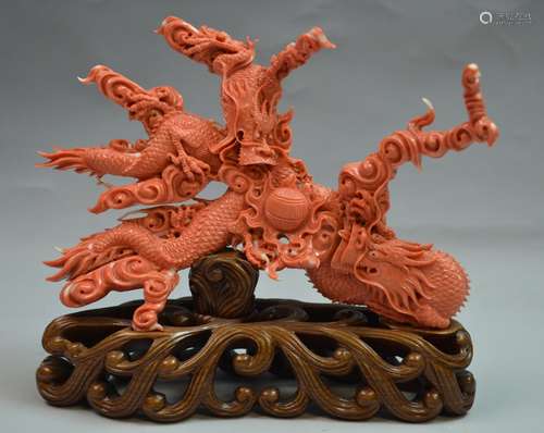 Chinese Coral Carved Figure of Dragon Chasing Ball