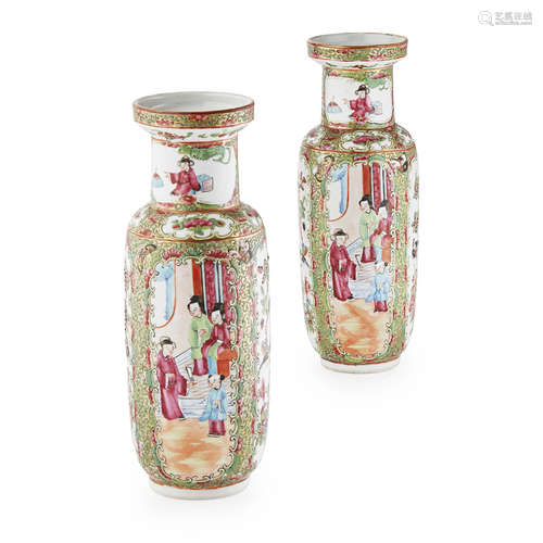 PAIR OF CANTON FAMILLE ROSE ROULEAU VASES LATE QING DYNASTY, LATE 19TH CENTURY