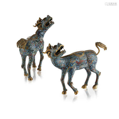 PAIR OF CLOISONNÉ ENAMEL AND GILT BRONZE 'QILIN' CENSERS QING DYNASTY, 19TH CENTURY