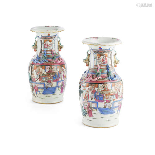 PAIR OF CANTON FAMILLE ROSE VASES LATE QING DYNASTY