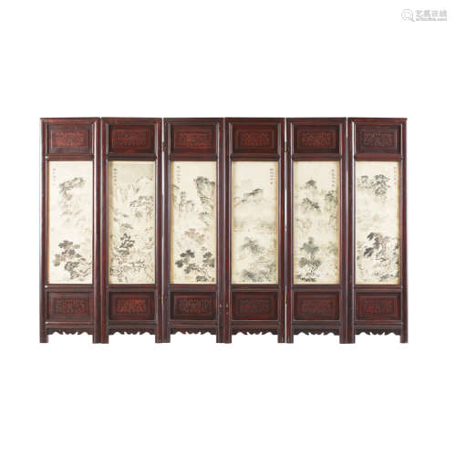 SIX-FOLD HARDWOOD FLOOR SCREEN INSET WITH PAINTED SILK PANELS REPUBLIC PERIOD each fold