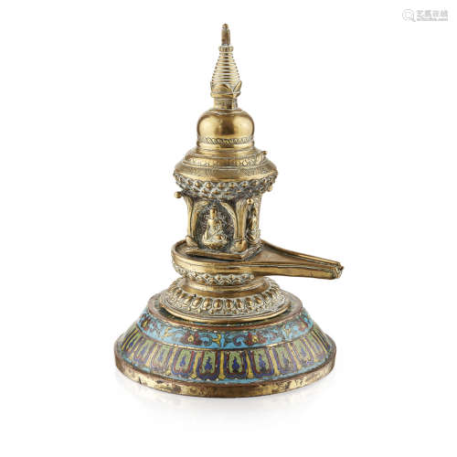 BRONZE STUPA ON A CLOISONNÉ ENAMEL BASE BASE QIANLONG MARK AND OF THE PERIOD