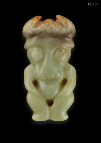 RARE GREEN JADE HUMANOID FIGURAL ORNAMENT LATE NEOLITHIC PERIOD OR LATER