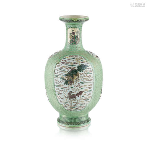 FAMILLE VERTE BISCUIT-GLAZED RELIEF-DECORATED BALUSTER VASE QING DYNASTY, 19TH CENTURY