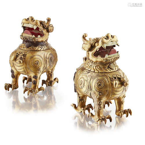 PAIR OF GILT BRONZE 'PIXIU LION' CENSERS