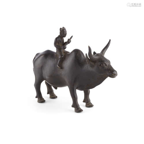 BRONZE FIGURAL GROUP OF A BOY AND BUFFALO MING DYNASTY