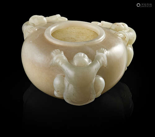 CARVED CELADON JADE 'BOYS' WASHER 20TH CENTURY