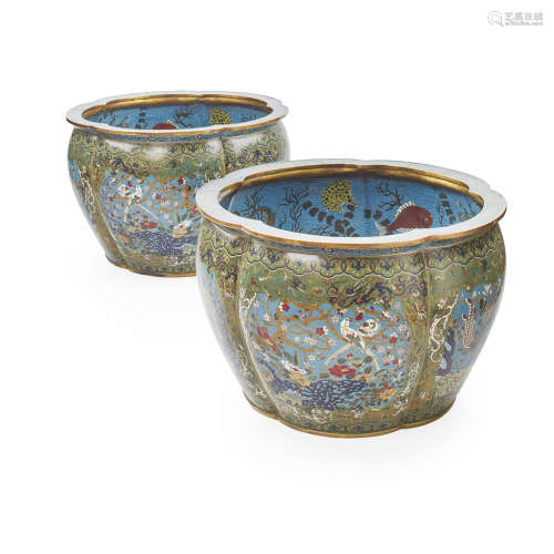 PAIR OF CLOISONNÉ ENAMEL FISH BOWLS QIANLONG MARK BUT LATER