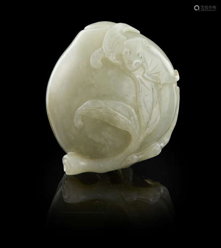 CARVED PALE CELADON JADE 'PEACH AND BAT' GROUP QING DYNASTY, 19TH CENTURY