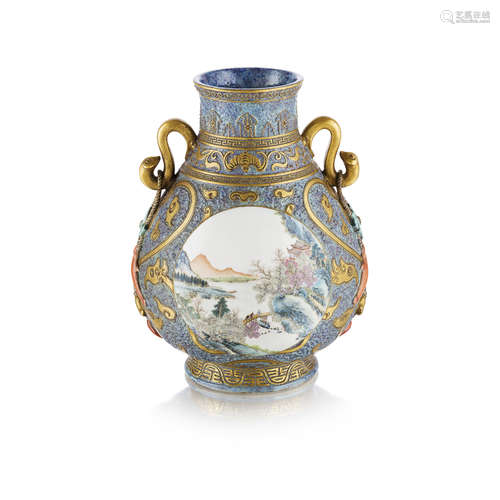 FINE FAMILLE ROSE GILT-DECORATED FLAMBÉ-GROUND VASE, HU QIANLONG MARK BUT REPUBLIC PERIOD