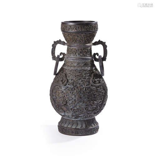 SUPERBLY CAST LARGE BRONZE VASE, HU