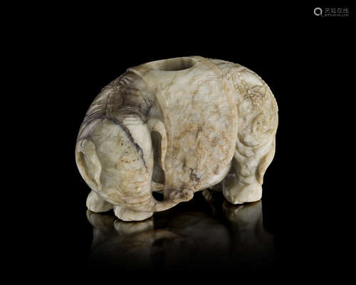 MOTTLED CELADON JADE BRUSHPOT IN THE SHAPE OF AN ELEPHANT QING DYNASTY, 18TH/19TH CENTURY