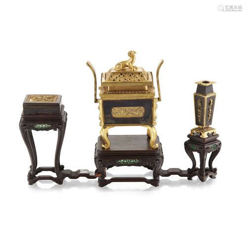 PARCEL-GILT BRONZE THREE-PIECE ALTAR GARNITURE censer