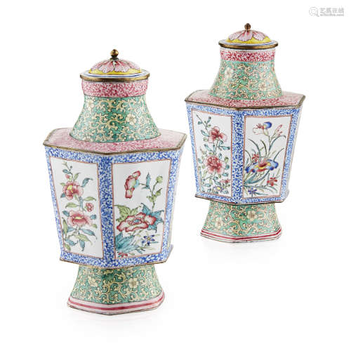 FINE PAIR OF CANTON ENAMEL TEA CADDIES AND COVERS QING DYNASTY, 18TH CENTURY