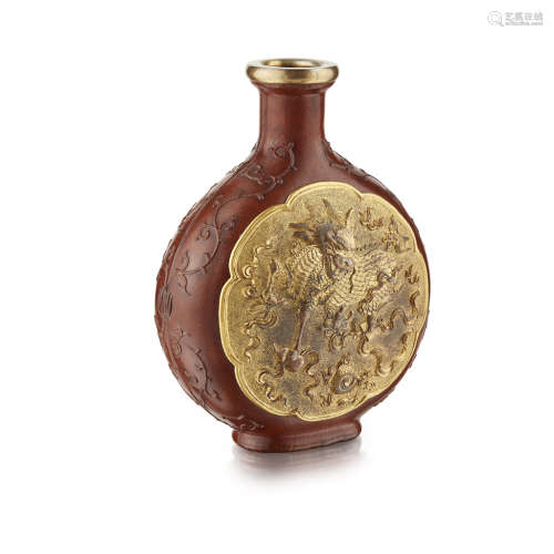 CARVED GOURD AND GILT METAL MOON FLASK