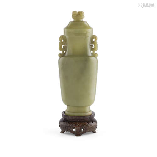 YELLOW-GREEN JADE FLATTENED BALUSTER VASE AND COVER QING DYNASTY, 18TH/19TH CENTURY