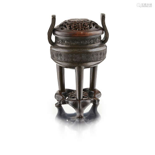 SILVER-INLAID BRONZE TRIPOD CENSER, DING SIGNED SHI SOU, 18TH CENTURY