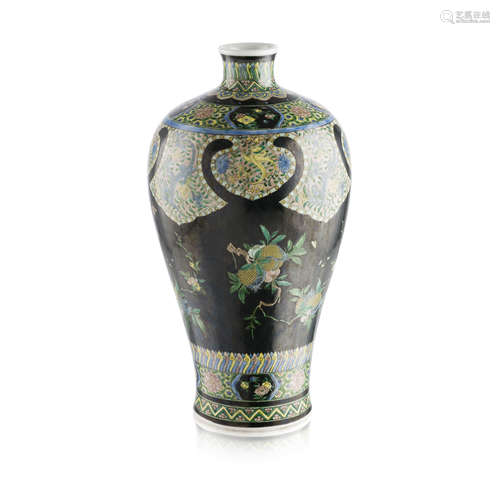 FAMILLE NOIRE 'THREE ABUNDANCES' VASE, MEIPING KANGXI MARK BUT LATER