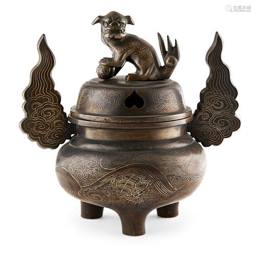 SILVER-INLAID BRONZE TRIPOD CENSER AND COVER QING DYNASTY, 18TH CENTURY