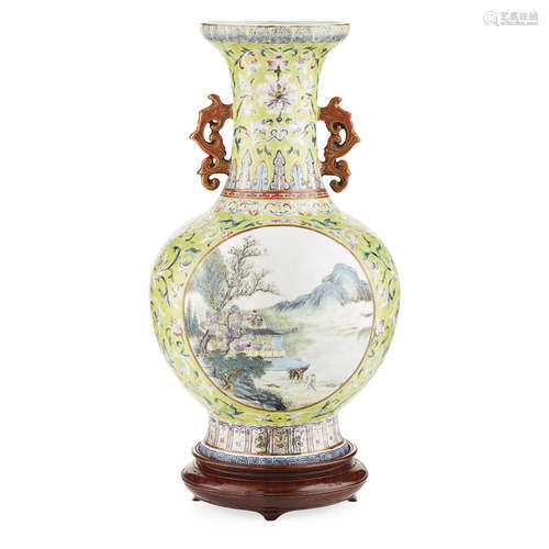 FAMILLE ROSE LIME-GREEN GROUND VASE QIANLONG SEAL MARK, BUT 19TH CENTURY