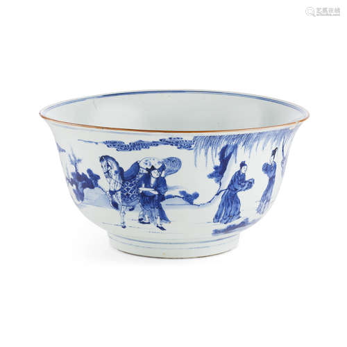 BLUE AND WHITE 'THE ELOPEMENT OF HONG FU' PUNCH BOWL KANGXI PERIOD