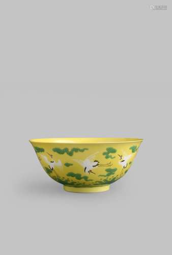 A RARE CHINESE IMPERIAL YELLOW GROUND 'CRANES' BOWL