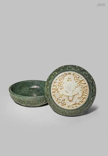 A CHINESE SPINACH-GREEN AND WHITE JADE CIRCULAR BOX AND COVER
