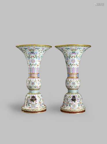 A LARGE PAIR OF CHINESE IMPERIAL FAMILLE ROSE GU BEAKER 'BAJIXIANG' VASES